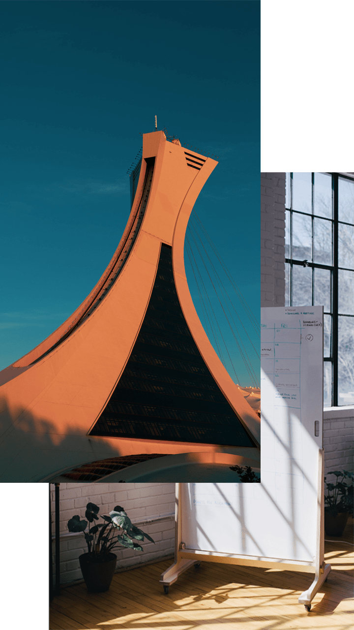 Image combinée du Stade olympique de Montréal avec un tableau blanc